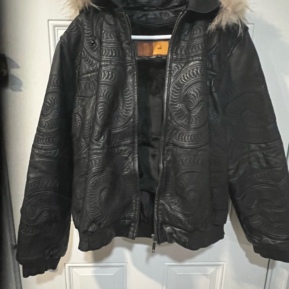 Black Embossed Leather Jacket with Fur Trim
